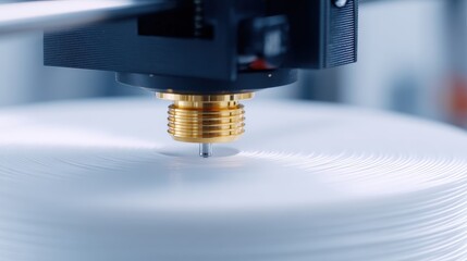 Poster - Close-up view of a 3D printer nozzle creating intricate patterns on a white surface in a modern workspace
