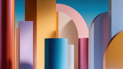 Poster - Colorful geometric shapes in a vibrant composition against a blue background