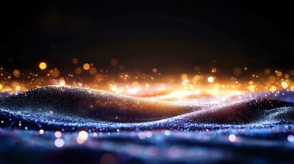 Poster - Magical glowing wave of sparkling blue particles with golden light streak and bokeh effects on dark background. Abstract festive design element.