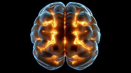 Poster - Glowing orange and blue brain visualization showing neural activity and connections on black background, medical science concept for neurology and brain research.