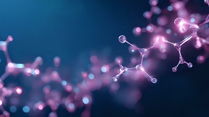 Poster - Glowing pink molecular structure on dark blue background with bokeh effect creates futuristic scientific visualization for medical or research presentations.