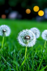 Poster - Delicate dandelion seedheads in fresh green grass with soft bokeh lights in background creating dreamy natural atmosphere. Macro photography captures intricate details.