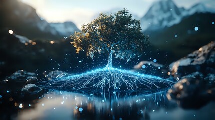 Poster - Mystical glowing tree with luminescent blue roots floating above water surface in mountainous landscape at night, magical nature scene with ethereal light particles.