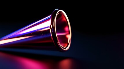 Poster - Glowing metallic cone shape emitting vibrant red and blue light beams against dark background, creating futuristic sci-fi atmosphere with dramatic lighting effects.