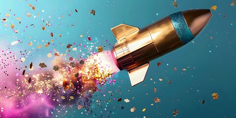 Poster - Golden rocket with glitter trail soaring through colorful space background with sparkles, pink and blue cosmic clouds, explosive particle effect.