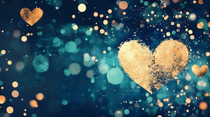Poster - Glowing golden hearts float against deep teal background with magical bokeh lights and sparkles creating romantic dreamy atmosphere for Valentine's Day designs.