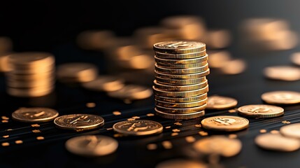 Poster - Stack of golden coins on dark background with scattered money around, dramatic lighting creates luxurious atmosphere for financial and wealth concepts.