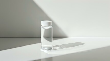 Poster - Clear glass of pure water casting dramatic shadow on white surface in minimalist composition with natural sunlight creating artistic geometric shapes.