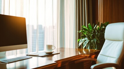 Poster - Brightly lit modern office with a desk, computer, and plant, showcasing a serene workspace atmosphere