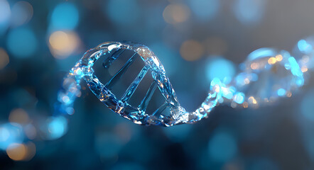 Poster - Glowing blue DNA helix structure made of water splashes and drops on dark background with bokeh lights, representing genetic research and biotechnology.