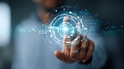 Poster - African American businessman interacting with futuristic holographic interface, digital transformation concept showing circular HUD elements and data visualization.