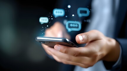 Poster - person holding smartphone with glowing chat bubbles floating above screen, depicting digital communi