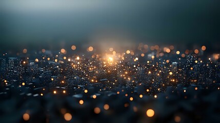 Poster - Glowing golden bokeh lights scattered across dark textured surface creating magical atmosphere with blurred depth of field and sparkle effect.