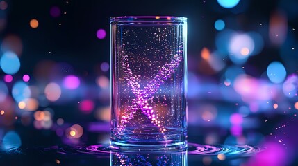 Poster - Glowing pink DNA helix structure floating in glass cylinder with vibrant bokeh lights background creates futuristic scientific atmosphere. For biotechnology concepts.