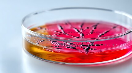Poster - Bacterial colonies growing in red nutrient agar petri dish on laboratory table, close up view showing scientific research and microbiology testing.
