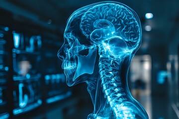 Poster - Glowing blue anatomical visualization of human skull and brain showing detailed neural structure against dark background with medical data interface elements.