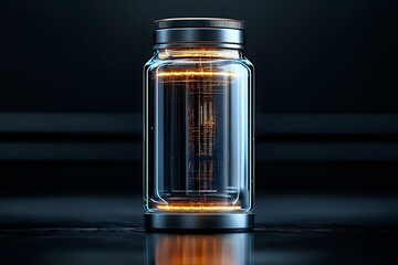 Poster - Glowing glass jar with futuristic orange light effect on dark background, modern minimalist design concept with dramatic lighting and reflective surface.
