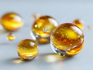 Poster - Transparent amber glass marbles with golden reflections on light gray background, macro photography showing liquid-like texture and light refraction effects.