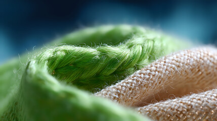 Poster - Soft focus macro photography of natural linen fabric and green feather texture creating abstract artistic composition with blurred background.