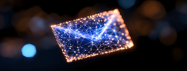 Poster - Glowing digital tablet with futuristic network connections and light trails floating in dark space, illuminated by blue and orange technological nodes.