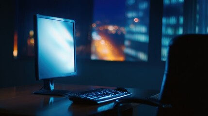 Poster - Empty office desk at night with a glowing computer screen, city skyline visible outside window