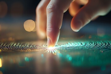 Poster - Finger touching rippling water surface creating concentric circles with magical light effect and turquoise reflections against dark background with bokeh lights.
