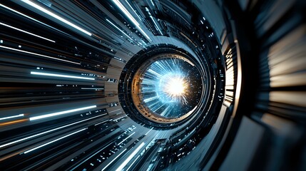 Poster - Futuristic circular tunnel with glowing blue light rays and metallic structure creating dynamic motion effect, suggesting high-speed data transfer or space travel concept.