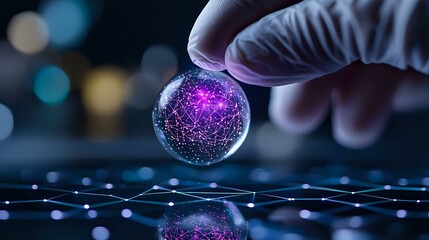 Poster - Glowing purple sphere with network connections held by fingers against dark background with bokeh lights and digital grid reflection. For technology concepts.
