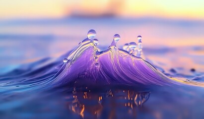 Poster - Mesmerizing water crown splash captured at sunset with purple and orange hues reflecting on liquid surface, creating magical macro photography moment.