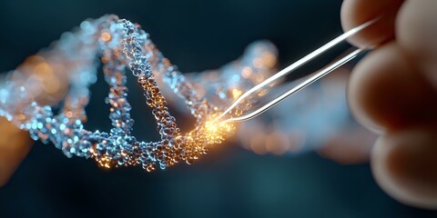 Poster - Glowing DNA molecule strand being manipulated with tweezers on dark background, genetic engineering and biotechnology research concept in blue tones.