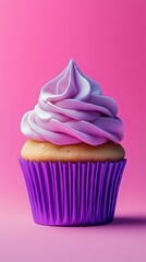 Poster - Sweet vanilla cupcake with swirled pink and purple frosting in purple paper cup against vibrant pink background, close-up view for bakery and dessert marketing.