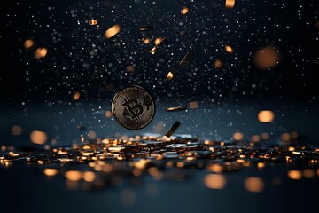 Poster - Glowing cryptocurrency coin floating in dark space with scattered golden particles and bokeh lights creating magical atmosphere for finance concept.
