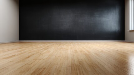 Poster - Spacious classroom interior featuring a black chalkboard and wooden floor, well-lit by natural light