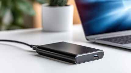 Poster - Modern external hard drive connected to a laptop on a desk with a plant in the background