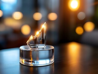 Poster - Glowing neon graph arrow pointing upward on transparent glass base against blurred bokeh background, symbolizing business growth and success in modern setting.