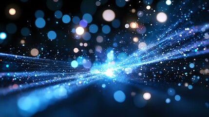 Aufkleber - Glowing blue light rays with bokeh effect on dark background, abstract cosmic energy concept for technology and science backgrounds.