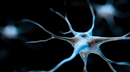 Poster - Microscopic view of neuron cell with branching dendrites and axons glowing in blue against dark background, showing neural network connectivity in brain tissue.