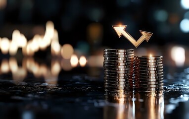 Poster - Stacks of silver coins with glowing upward arrows showing financial growth and investment success against blurred bokeh background in warm tones.