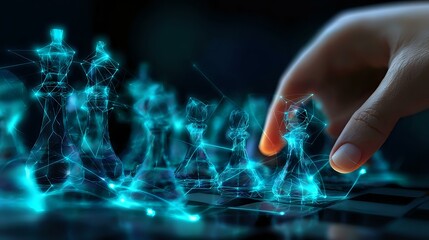 Poster - Digital chess pieces glowing with neon blue light on dark background, with human hand moving figure, representing strategy and artificial intelligence in gaming.