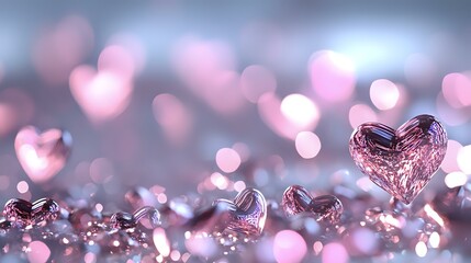 Poster - Pink crystal hearts scattered on reflective surface with soft bokeh lights creating romantic dreamy atmosphere. Luxury Valentine's day background with sparkling gems.