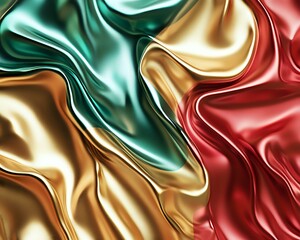 Poster - Luxurious flowing silk fabric in gold, emerald green and red creates elegant waves and folds with glossy metallic sheen. Abstract background for luxury design projects.