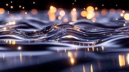 Poster - Mesmerizing water waves with golden bokeh lights reflecting on dark liquid surface creating magical ripple patterns and glowing highlights in evening atmosphere.