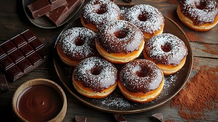 Poster - Fresh chocolate donuts dusted with powdered sugar on rustic plate with melted chocolate sauce and dark chocolate pieces on wooden table background.