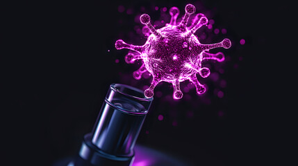 Poster - Glowing purple virus particle emerging from dark laboratory test tube against black background, scientific research concept visualization.