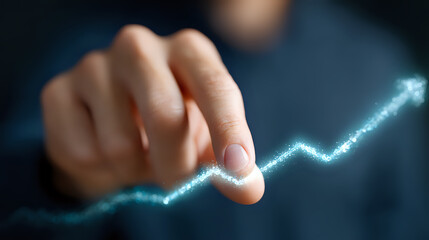 Poster - Finger touching glowing upward trend line graph on dark background showing business growth and success analytics for financial presentations.
