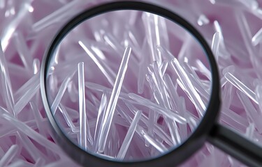 Poster - magnifying glass examining crystalline structures on pink background, showing scientific research an