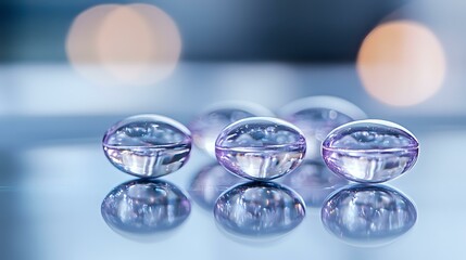 Poster - Transparent glass beads with pink and blue reflections arranged in row on reflective surface create ethereal macro composition with bokeh background effect.