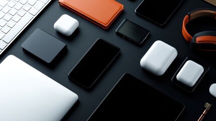 Poster - A modern workspace featuring various tech gadgets and accessories on a sleek black desk