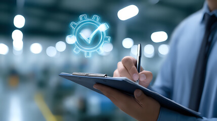 Poster - Professional in business attire holding clipboard with glowing checkmark icon floating above, representing quality control and task completion in modern workplace setting.