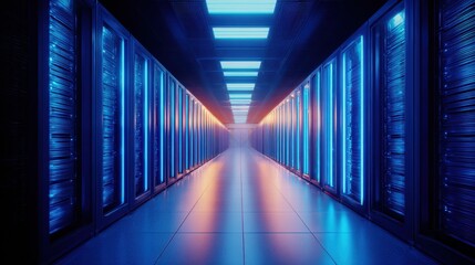 Poster - Futuristic data center corridor illuminated by vibrant blue and orange lights, showcasing technology